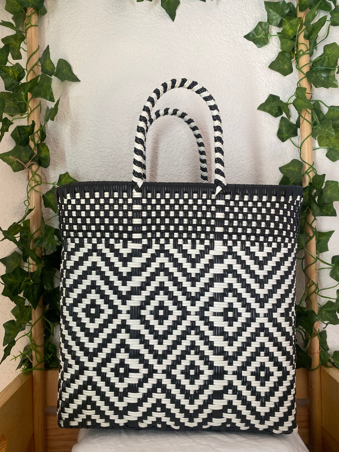 Large hand woven plastic tote